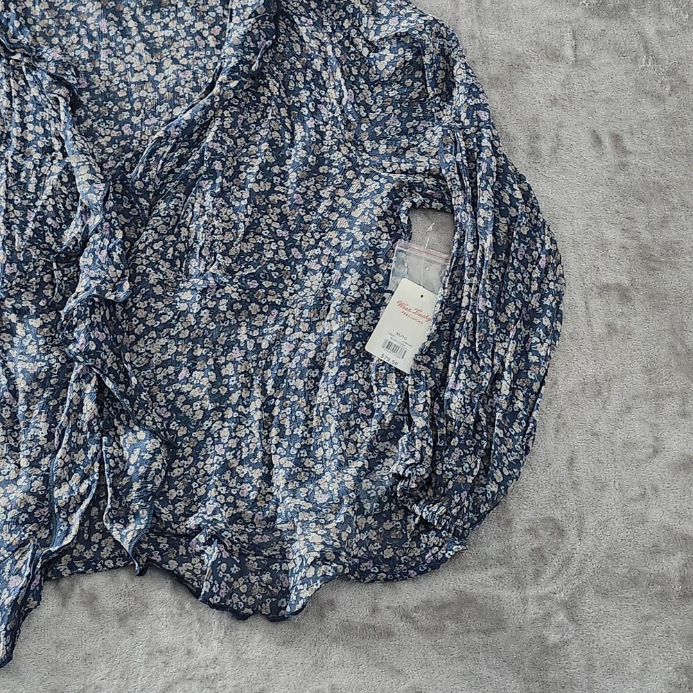 Lucky Brand Women XL Sheer‎ Peasant Blouse Ruffle Button Up Blue Floral NEW - Picture 5 of 16